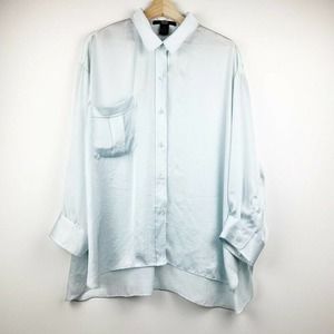 Smythe Vintage Womens Button Front Shirt Silk Blue Hi Lo Hem  L